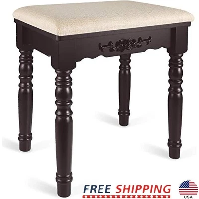 Eco-Friendly Oak Wood Vanity Stool Comfortable Hand-Carved Floral Design Durable - Image 1 of 4