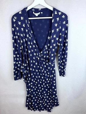 Boden Wrap Dress Womens 8 Blue White Floral Jersey Knit Tie Waist Surplice Neck - Image 1 of 4