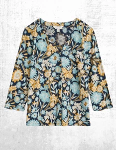Ex Seasalt Women’s 3/4 Sleeve Glass V-neck Jersey Top in Seaside Floral Terrain - Picture 1 of 8