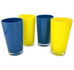 Vintage CASED GLASS 24 Oz. Tumblers Glasses (4) Two Blue Two Yellow Hand Blown - Picture 1 of 12