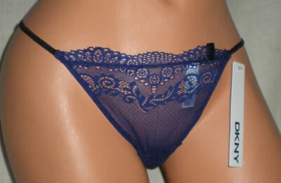 NUEVO CON ETIQUETAS DKNY Danna Karan Nueva York Talla S Hermoso Tanga de Encaje Azul Marino Foto 1 de 4