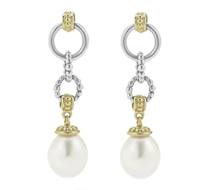 New LAGOS LUNA Two-Tone Sterling Silver 18K Gold Pearl Circle Drop Earrings - Picture 1 of 8