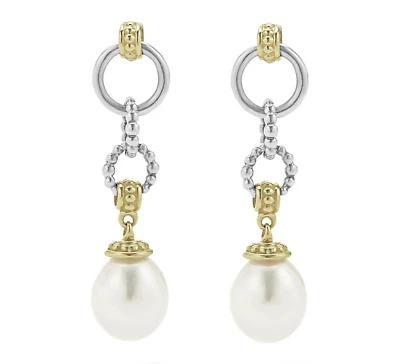 Nuevos Pendientes Colgantes LAGOS LUNA Dos Tonos Plata Esterlina Oro 18K Perla Circular Foto 1 de 4