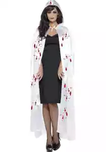 White & Blood Hooded Cape Ladies Halloween Zombie Bride Fancy Dress Costume - Picture 1 of 1