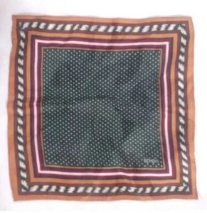 Echo Vintage Forest Green Polka Dot Silky Scarf Ascot Pocket Square Brown Trim - Picture 1 of 4