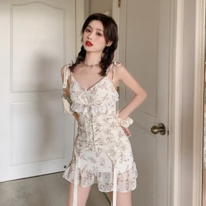 Femme Fille Ruche Floral Robe Dentelle Slip Sexy Moulant Fin Mini Court Été Neuf - Picture 1 of 9