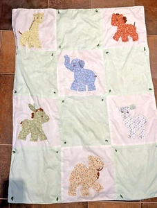 VTG Appliqued Quilted Baby Blanket 36 x 50 Animals Camel Giraffe Lion Teddy etc - Picture 1 of 13