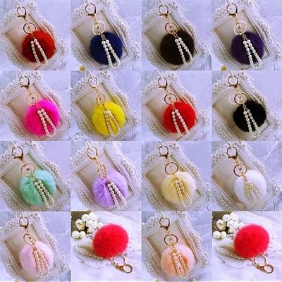 Pom Pom bola de pele pérolas chaveiro charme bolsa mochila decoração bolsa presente grátis - Imagem 1 de 4