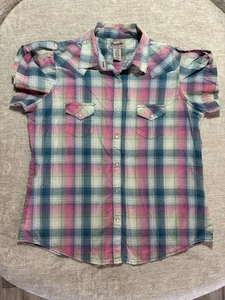 Wrangler Shirt Womens Large Pink Blue Plaid Western Button Front LWR1229 - Picture 1 of 7