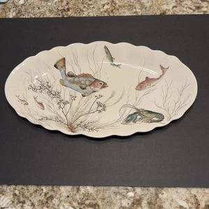 20” JOHNSON BROTHERS FISH PATTERN PLATTER LARGE SCALLOPED EDGE OVAL VTG READ - Picture 1 of 11