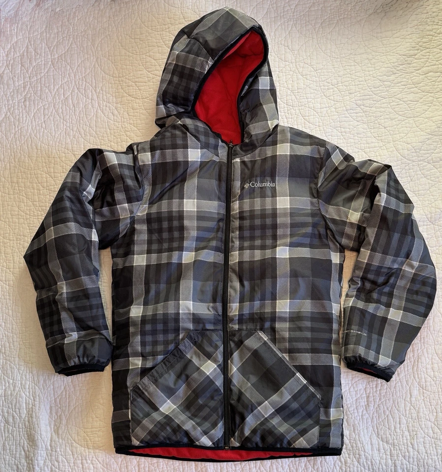 Columbia Niños Niños Invierno Chaqueta Reversible 14-16 L Con Capucha Puffer Cremallera Cuadros Foto 1 de 4