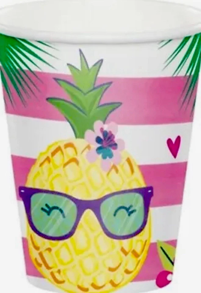 Pineapple N Friends 9 oz Hot/Cold Paper Cups 8 Per Pack Birthday Luau Tableware - Image 1 of 1