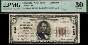 1929 5 $ National Bank Elmsford, New York CH# 12956 PMG 30 rare 16 example known - Bild 1 von 3