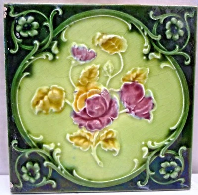 Azulejo antiguo mayólica Art Nouveau Inglaterra rosa púrpura arquitectura floral #173 Foto 1 de 3
