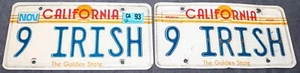 VINTAGE 1993 CALIFORNIA LICENSE PLATE SET VANITY "9 IRISH" - Picture 1 of 5