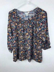 Christopher & Banks Top XL Petite Navy Rust Floral 3/4 Sleeves Smocked Neck A28 - Picture 1 of 7