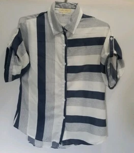 Anthropologie Love Notes Blue White Stripe Small Button front Top Unique - Bild 1 von 7