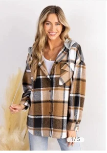 Cupshe Plaid Flannel Drawstring Hooded Button Up Jacket Sz Large - Picture 1 of 3