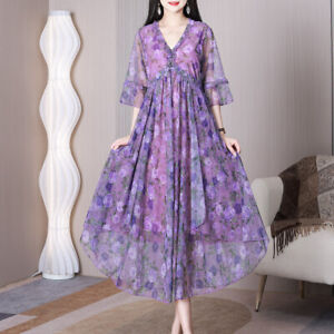 Fashion 2023 Summer New Printed Mesh Dress Ladies Slim V-neck Casual Dresses