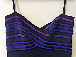 TADASHI Vintage Black Purple Knit Jersey Bandage Mini Dress Stripes Spaghetti S - Picture 1 of 10