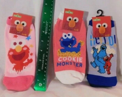 Three Pairs New 7" Long Sesame Street Kids No Show Socks Elmo Cookie Pink Blue - Image 1 of 4