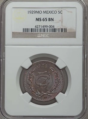 MEXICO ESTADOS UNIDOS  1929  5 CENTAVOS COIN CERTIFIED GEM UNCIRCULATED NGC MS65 - Image 1 of 4