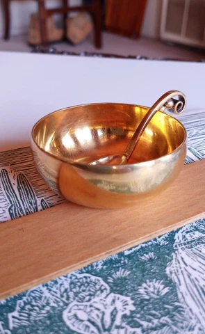 ALLAN ADLER STERLING SILVER SALT BOWL & SPOON 36.5g.  2" BOWL Cover