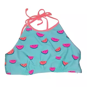 Joe Boxer Womens Swim Bikini Top Large Aqua Blue Pink Watermelon Crop High Neck - Picture 1 of 8