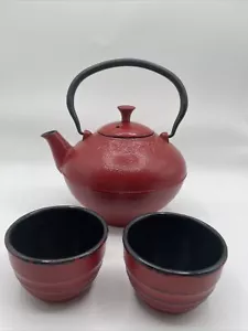 Teapot Cast Iron Kettle Infuser Basket Red Black Handle Lid With 2cups - Picture 1 of 6