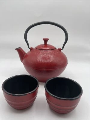 Teapot Cast Iron Kettle Infuser Basket Red Black Handle Lid With 2cups - Image 1 of 4
