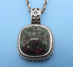Stainless Steel Ruby Zoisite Gemstone Pendant Silver Tone Necklace 18.5"