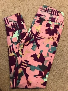 LuLaRoe One Size Geometric Floral Pattern Leggings OS Purple Pink Mint Strip 284 - Picture 1 of 2