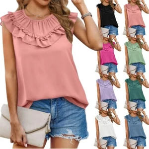 New Womens Casual Holiday Tops Tank Blouse Ribbed Ruffles Summer Vest Cozy Shirt - Picture 1 of 14
