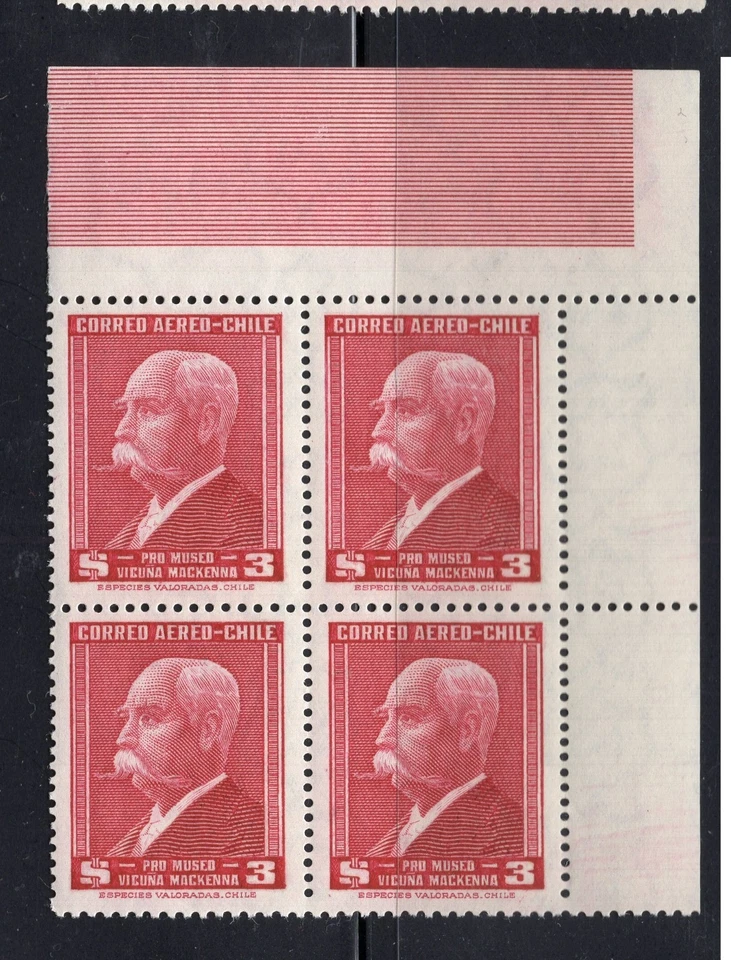 CHILE 1949 Vicuña Mackenna 3p red MNH block of 4 top right corner sheet - Image 1 of 1
