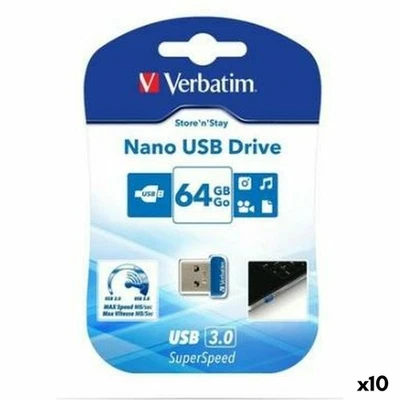 Clé USB Verbatim NANO STORE'N'STAY Bleu Noir 64 GB [10 Unités] - Photo 1/2