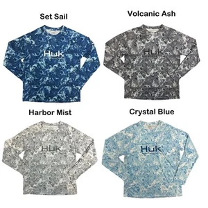 HUK Men's Long Sleeve UPF+ 50 Pursuit Fin Flats Tech Crew Shirt - Picture 1 of 5