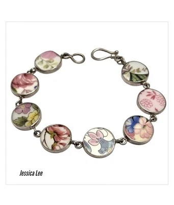 Alluring JESSICA LEE SterlingSilver Eight Painted Flowers On Porcelain Bracelet  - Image 1 of 4