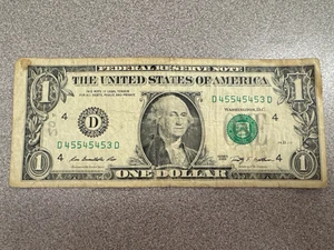 Rare $1 Dollar Bill Banknote Series 2009 Fancy Serial Number Trinary 45545453 - Picture 1 of 3