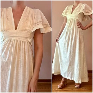 Vintage 70s Off White Nubby Textured Empire Flutter Sleeve Maxi Dress S M - Picture 1 of 10