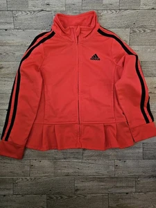 Addias Girls Zip Up Jacket Size 5T Pink, With Ruffled Trim On Bottom - Picture 1 of 4