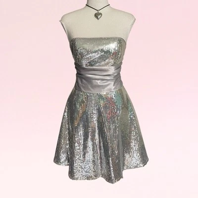 винтажный y2k серебро блестками металлический гламур диско мяч без бретелек тюль платье 3 - Изображение 1 из 4