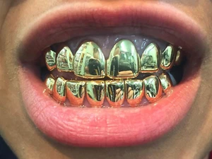 gold grill grillz tooth teeth mouth shiny double two mouth hip hop rapper canine - Picture 1 of 3