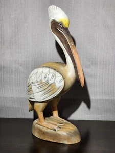 Gorgeous Hand Carved WOOD PELICAN On Wood Base HAND PAINTED 14" Tall Bird Decor - Picture 1 of 12