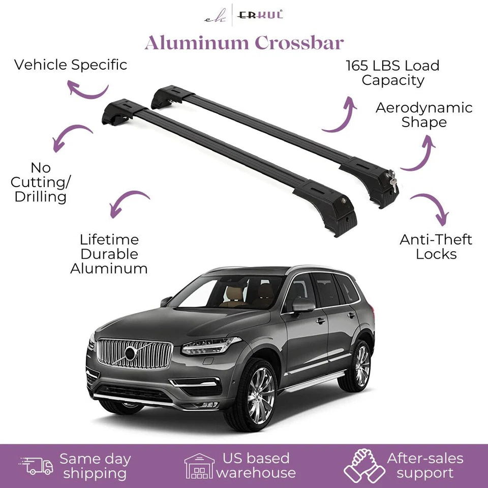Fits Volvo XC90 2016-2026 with Factory Rails 2PCS Roof Rack Cross Bars 165 LBS - Image 1 of 4