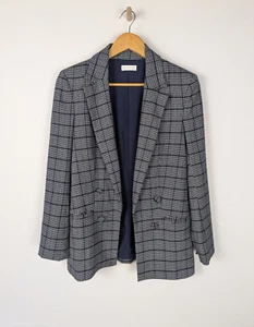 KOOKAI Womens Jacket Sz 38 Navy Manhattan Check Blazer Long Sleeve Open Lined - Picture 1 of 8
