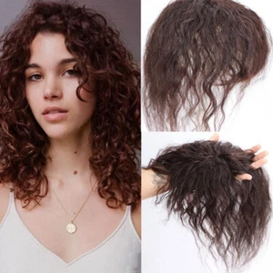 100% Human Hair Curly Topper Toupee Wavy Clip in Top Hairpiece with Bangs - Picture 1 of 11