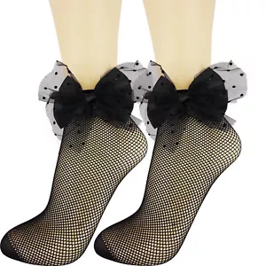 NEW WOMENS LADIES FISHNET BOW ANKLETS ANKLE HIGHS SOCKS ONE-SIZE 3 TO 7 PARTY - Picture 1 of 12