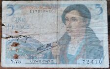 Billet 5 francs BERGER 25 - 11 - 1943 FRANCE Y.75 (usé, abimé cf photos)
