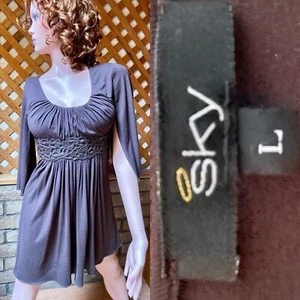 SKY Vintage Y2K Split Sleeve DRESS With Leather Trim Size Large - Picture 1 of 18