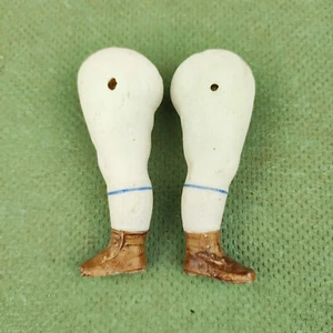 Antique porcelain dollhouse doll legs, 2.77" / 70 mm, wire fixing, brown shoes - Picture 1 of 6
